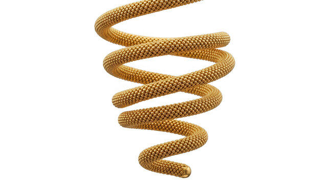 Une forme en spirale dor&eacute;e textur&eacute;e compos&eacute;e de petites perles sph&eacute;riques, isol&eacute;e sur un fond blanc pur, id&eacute;ale pour des designs abstraits et &eacute;l&eacute;gants.