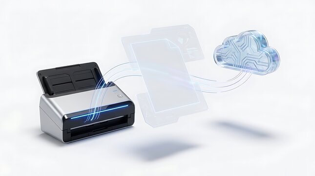 A modern document scanner uploading paper files to a digital cloud network representing efficient e-fax systems