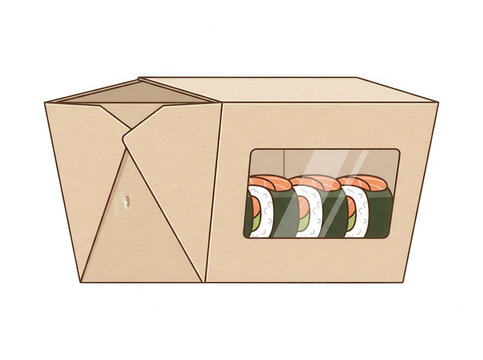 Une bo&icirc;te &agrave; emporter en carton kraft &eacute;cologique contenant des sushis au saumon frais, illustr&eacute;e dans un style vectoriel plat et minimaliste sur fond blanc.