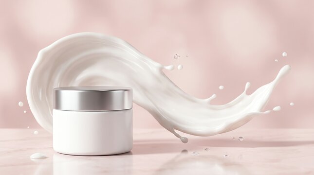 Luxury White Cosmetic Cream Jar with Elegant Cream Splash on Soft Pink Background