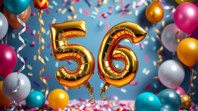Birthday balloon number fifty six, golden letter figure 56 celebration background AI Generative