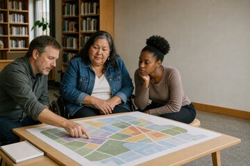Obraz premium Flood Resilience Community Planning - Residents and Planner Contribute Around an Abstract Tabletop Map in a Library