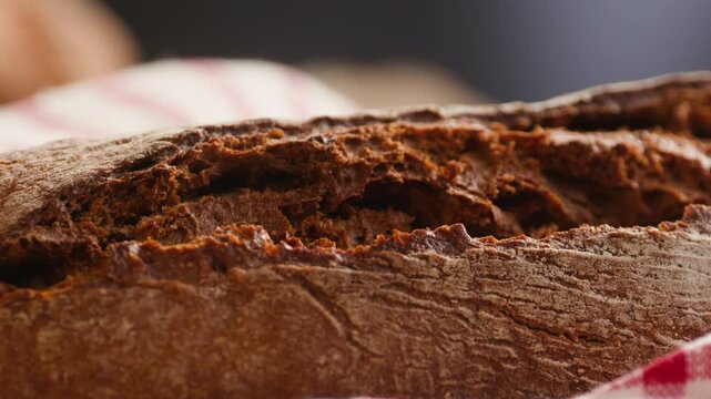Bread multigrain loaf held in hands, whole wheat seeded crust with millet and seeds, close-up macro shot