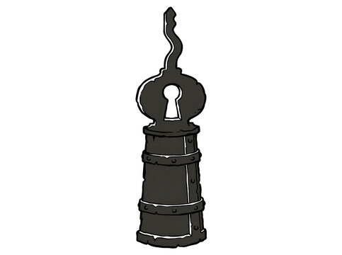 Ilustra&ccedil;&atilde;o vetorial de uma torre de castelo estilizada em formato de fechadura com uma chave no topo, representando mist&eacute;rio, seguran&ccedil;a e segredos medievais em estilo de desenho animado.