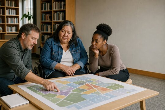 Flood Resilience Community Planning - Residents and Planner Contribute Around an Abstract Tabletop Map in a Library