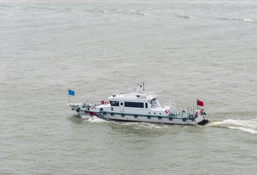 China MSA patrol vessel underway along the coast near Shanghai, monitoring maritime traffic and supporting navigation safety in busy coastal waters.