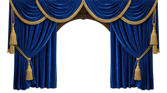 Cortinas de veludo azul luxuosas com detalhes em dourado e borlas elegantes em um arco cl&aacute;ssico, isoladas em fundo branco para design de interiores ou apresenta&ccedil;&otilde;es teatrais.