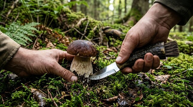 Mushroom Harvesting in Forest Setting with Knife Cutting