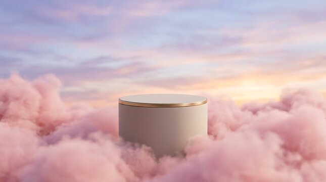 Cylinder podium surrounded by pink clouds under sunset sky
