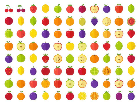Conjunto de &iacute;cones de frutas coloridas e frescas dispostas em padr&atilde;o de grade, incluindo ma&ccedil;&atilde;s, laranjas, lim&otilde;es, morangos e uvas em um estilo de design plano e minimalista sobre fundo branco.