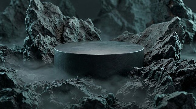 Dark circular podium surrounded by jagged rocks and mist