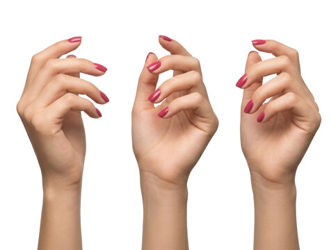 Tr&ecirc;s m&atilde;os femininas elegantes com unhas pintadas de esmalte rosa vibrante em poses graciosas, isoladas sobre um fundo branco puro, ideais para conceitos de beleza e cuidados pessoais.