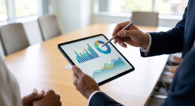 会議室でタブレット端末に表示されたグラフやデータをスタイラスペンで示しながら業績分析や戦略の打ち合わせを行うビジネスパーソンの手元