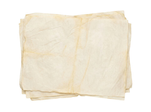 Pilha de folhas de papel antigo envelhecido com textura rugosa e manchas amareladas isoladas sobre um fundo branco puro para projetos de design vintage e criativos
