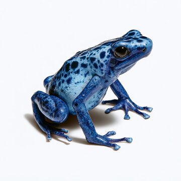 Bright blue poison dart frog sits on white background.