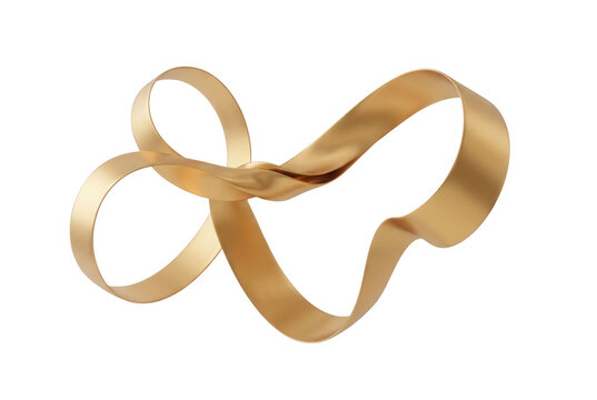 Fita dourada elegante e brilhante com curvas fluidas e forma abstrata isolada em um fundo branco puro, ideal para design de luxo, celebra&ccedil;&otilde;es e elementos gr&aacute;ficos sofisticados.