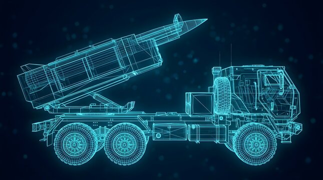 Wireframe rocket launcher truck on dark background
