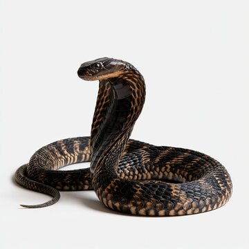 Javanese cobra rests on white backgrounds, living within Indonesian nature, species Naja sputatrix.