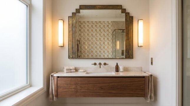 Elegant bathroom with new Art Deco style mirror and modern vanity. Luxurious interior design showcasing a blend of classic Art Deco aesthetics with contemporary home decor.