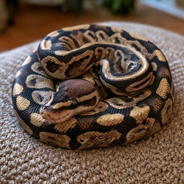 Ball python rests in a curled shape.