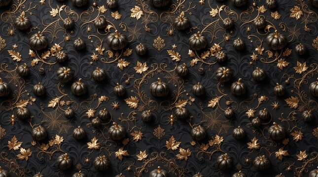 Halloween pattern with gold pumpkins and autumn leaves on black background halloween seamless decoration celebration decorative
