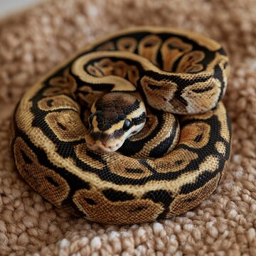Ball python rests in a curled shape.