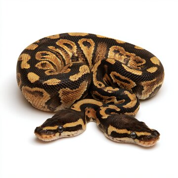 Ball python rests against white background.