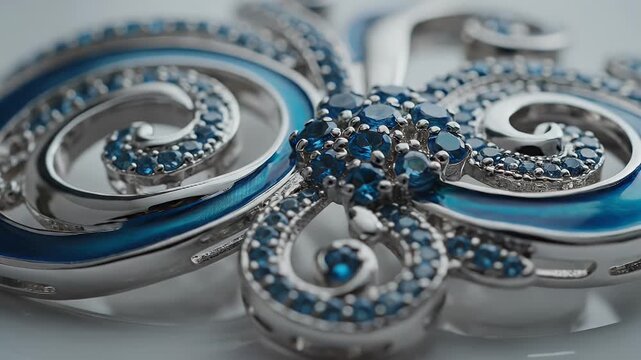 Close-up shot of silver jewelry with blue enamel circular elements and pav? diamonds forming a spiraling design