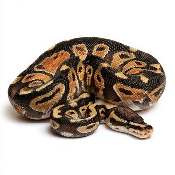 Ball python rests against white background.