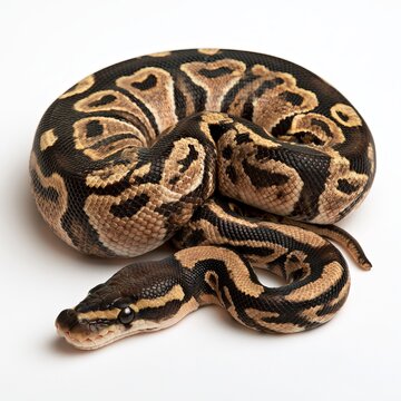 Ball python rests against white background.