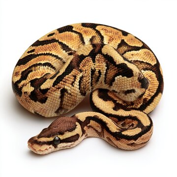 Ball python rests against white background.