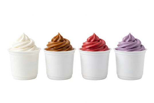 Quatro copos de sorvete soft serve com sabores variados, incluindo baunilha, chocolate, morango e amora, servidos em potes brancos descart&aacute;veis sobre um fundo branco isolado.