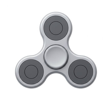 Um fidget spinner cinza e prateado isolado em um fundo branco, um brinquedo popular de al&iacute;vio de estresse e foco, capturado em uma vista superior plana e minimalista.
