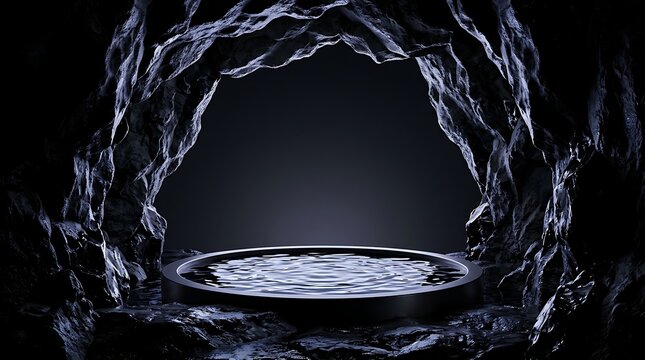 Circular water pool inside a dark stone cave