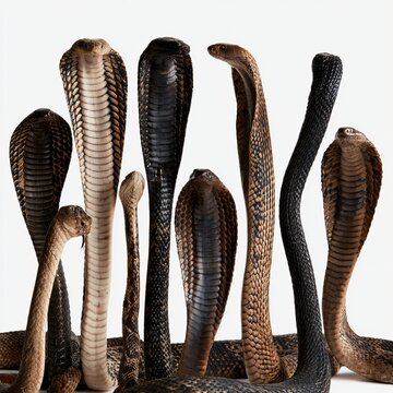 Venomous king cobra snakes display their hoods against white backgrounds.