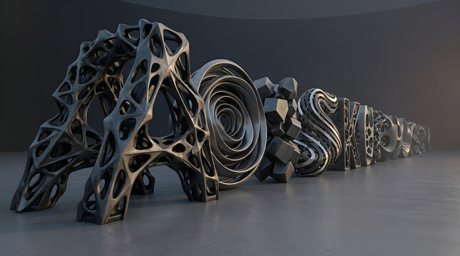 3D Rendered Abstract Typography Featuring Intricate Geometric Structures and Metallic Textures on a Dark Stage