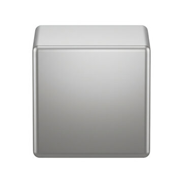 Um cubo met&aacute;lico prateado tridimensional isolado em um fundo branco, apresentando uma forma geom&eacute;trica perfeita com acabamento brilhante e reflexos suaves para design moderno.