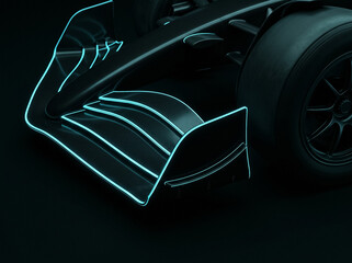 Fototapeta premium close up of front wing of formula one racing car with neon lighting detailed futuristic motorsport sporty carbon fiber aerodynamics for racing vehicle design
