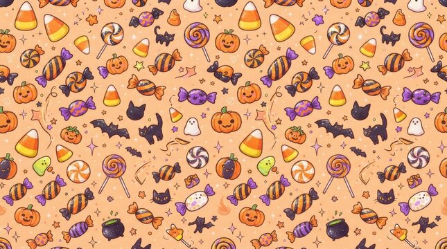 Halloween pattern with cute hand drawn festive characters and candy on a light orange background halloween seamless skeleton