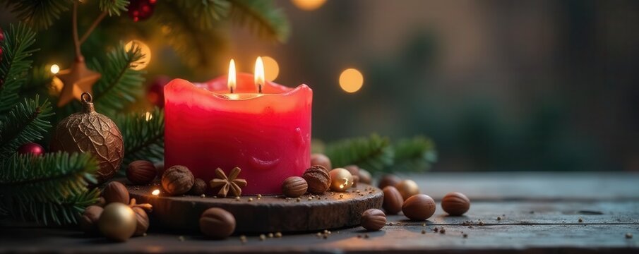 Scenic advent candle with nuts, Christmas decor , hygge, holiday
