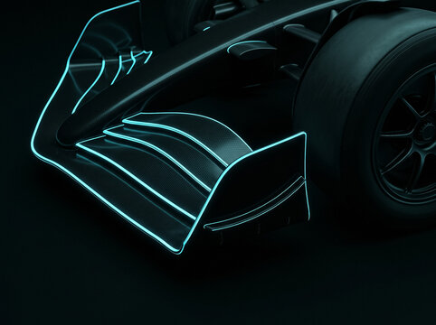 close up of front wing of formula one racing car with neon lighting detailed futuristic motorsport sporty carbon fiber aerodynamics for racing vehicle design
