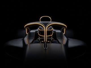 Obraz premium formula one racing car with driver in helmet neon halo lighting on black background futuristic motorsport sporty front view technological auto racing at high speed