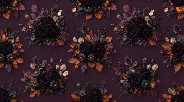 Halloween pattern with dark roses and autumnal flowers halloween seamless botanical decoration celebration mystical ornamental