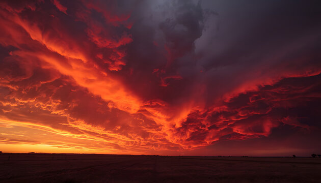 Dramatic sunset sky filled with red and dark storm clouds over a horizon line fiery sunset light ominous weather storm approaching evening glow fire sky intense colors weather change