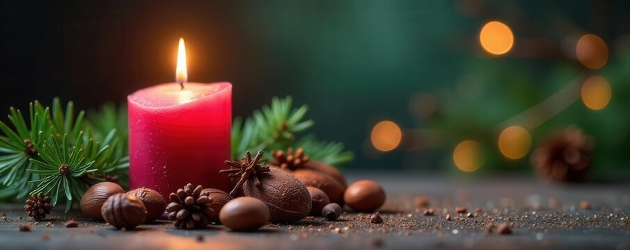 Scenic advent candle with nuts, Christmas decor , light, nutcracker, holiday