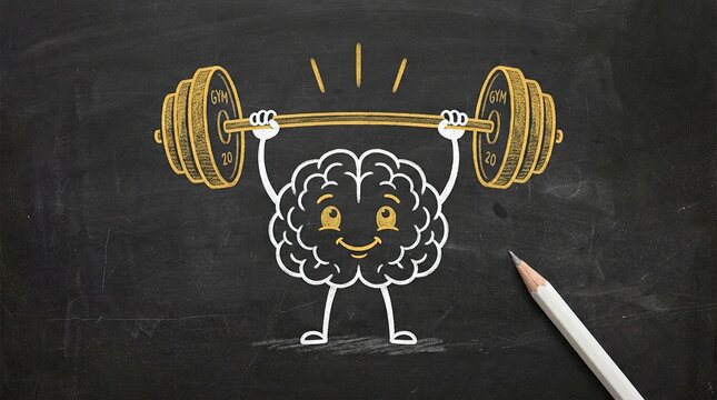 Cartoon brain character lifting barbell on blackboard drawing with marked twenty chalkboard illustrated brain barbell weights weightlifting illustration illustrative conceptual motivation gold
