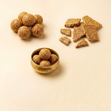 Lohri sesame sweets collection featuring til laddoo and traditional sesame treats for Punjabi sweet shop advertising, festive gifting campaigns, ecommerce food promotions, restaurant marketing and sea