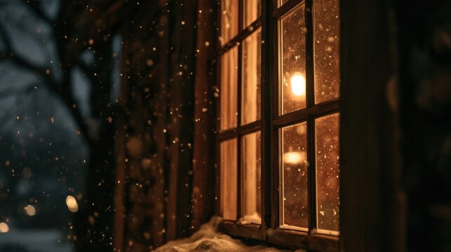 Snow falls gently outside a cabin window with warm light shining inside. The scene shows cozy winter vibes on a cold evening.
