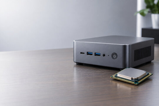 Mini PC with computer chip on desk, technology and compact computing concept