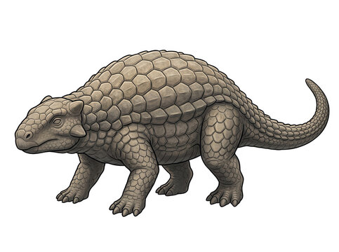 Eine detaillierte Illustration eines Ankylosaurus Dinosauriers mit gepanzerter Haut und Schuppen, isoliert auf einem wei&szlig;en Hintergrund f&uuml;r wissenschaftliche oder p&auml;dagogische Zwecke.